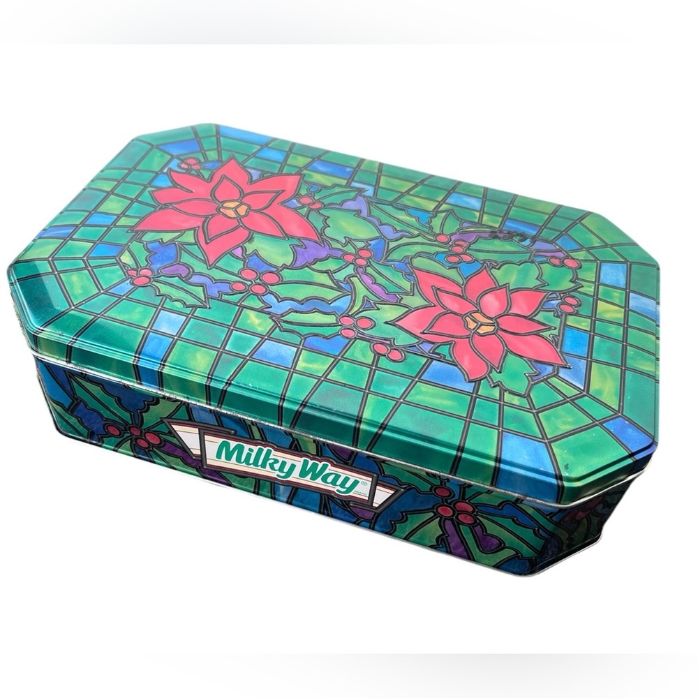 Vtg 1995 Milky Way Poinsettias Faux Stained Glass Limited Edition Tin Christmas